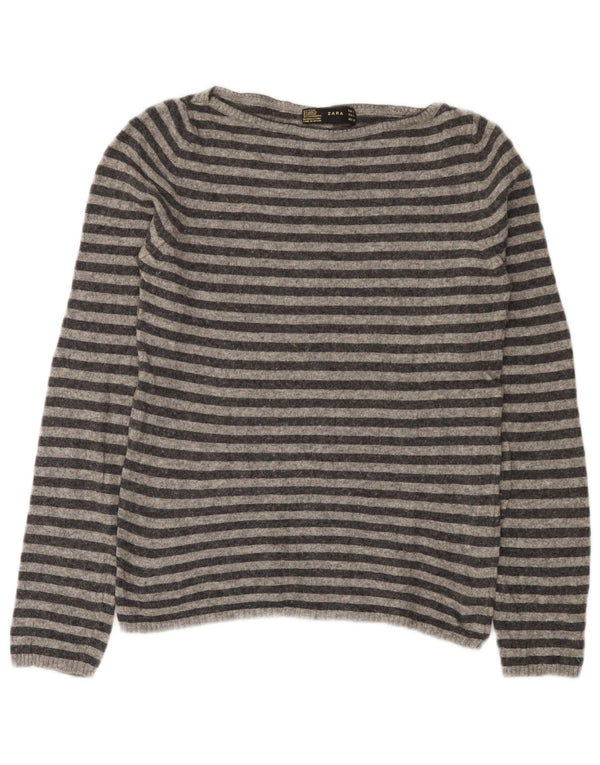 Maglione Zara da donna con scollo a barca UK 14 Lana a righe grigie grandi