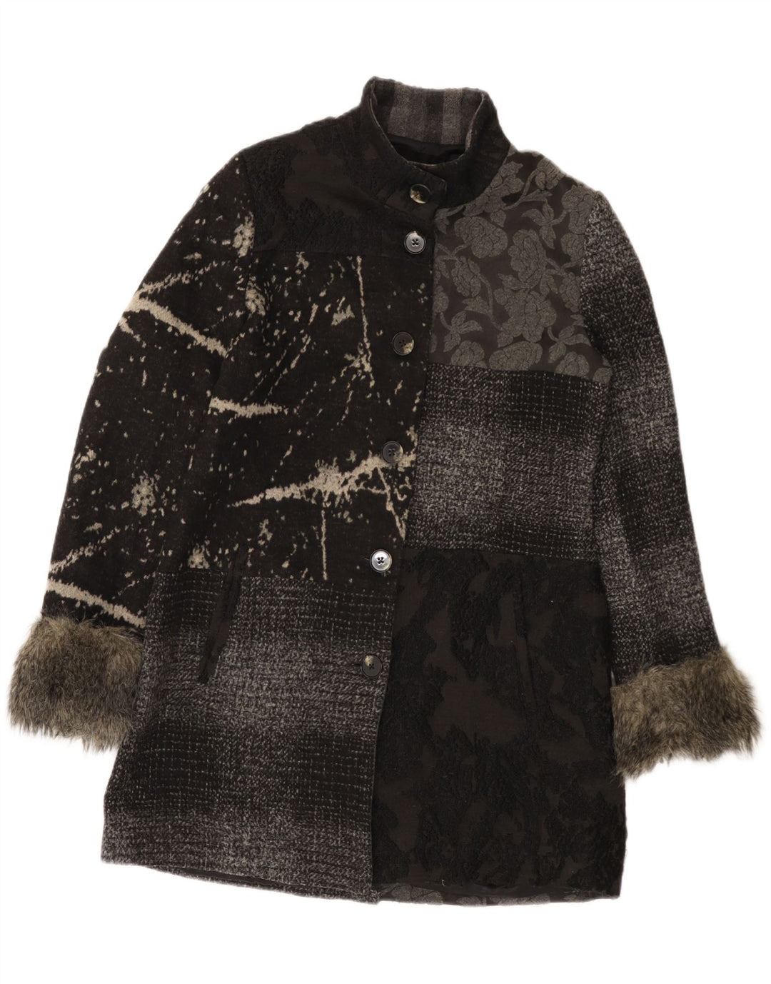Cappotto Desigual Donna EU 44 XL Grigio Patchwork Poliestere