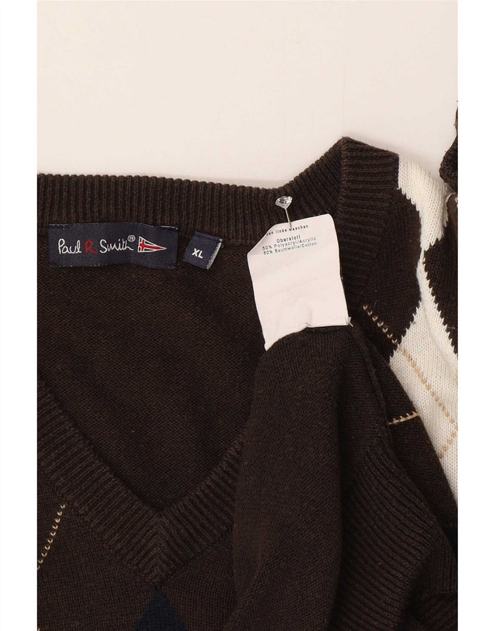 Paul Smith Maglione da uomo con scollo a V XL Marrone Argyle/Diamante
