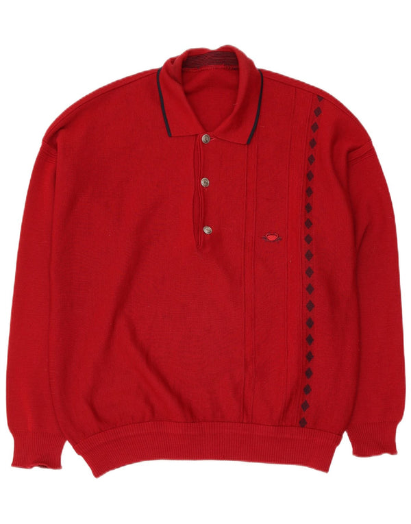 Maglione vintage da uomo con collo a polo rosso medio geometrico