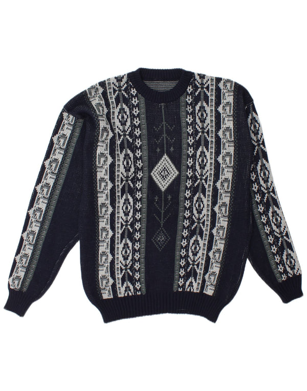 Maglione maglione girocollo vintage da uomo grande Fair Isle blu navy