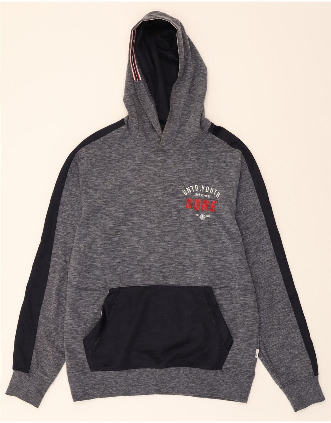 JACK & JONES Mens Graphic Hoodie Jumper Large Navy Blue Flecked Polyester Vintage Jack & Jones and Second-Hand Jack & Jones from Messina Hembry 
