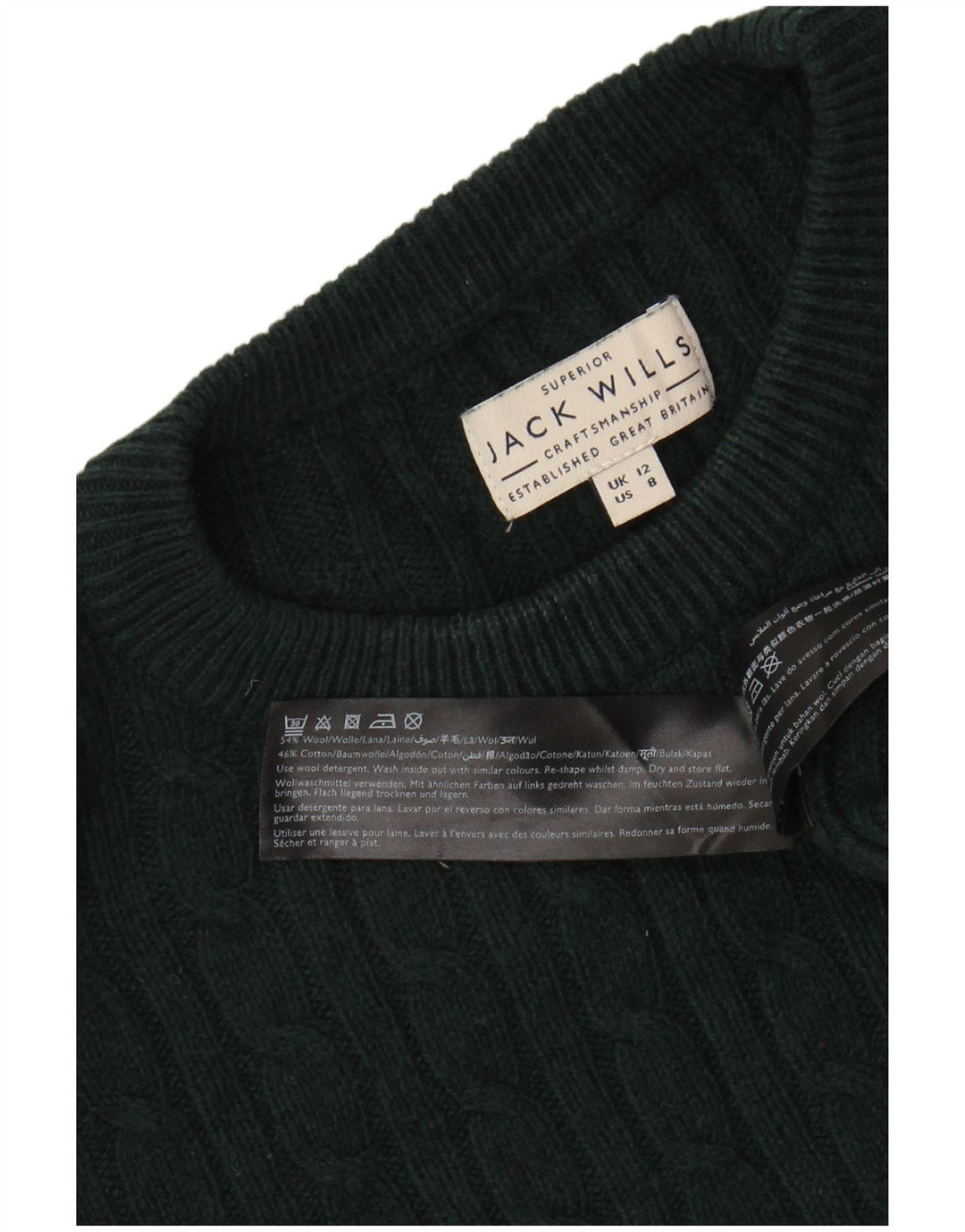 JACK WILLS Maglione corto girocollo da donna UK 12 Lana verde medio