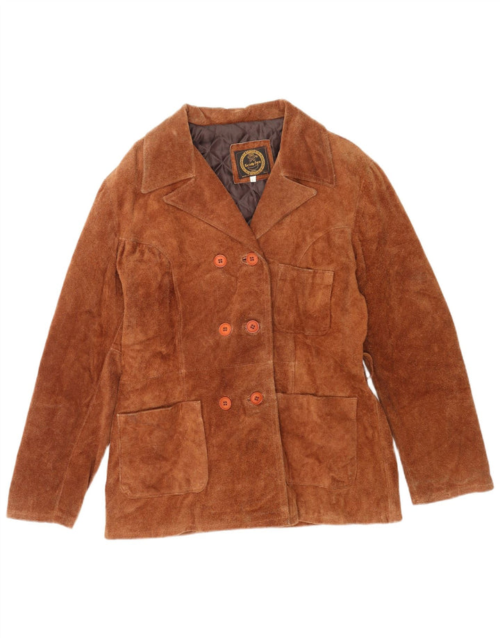 Cappotto doppiopetto vintage in pelle scamosciata da donna UK 16 grande in pelle marrone