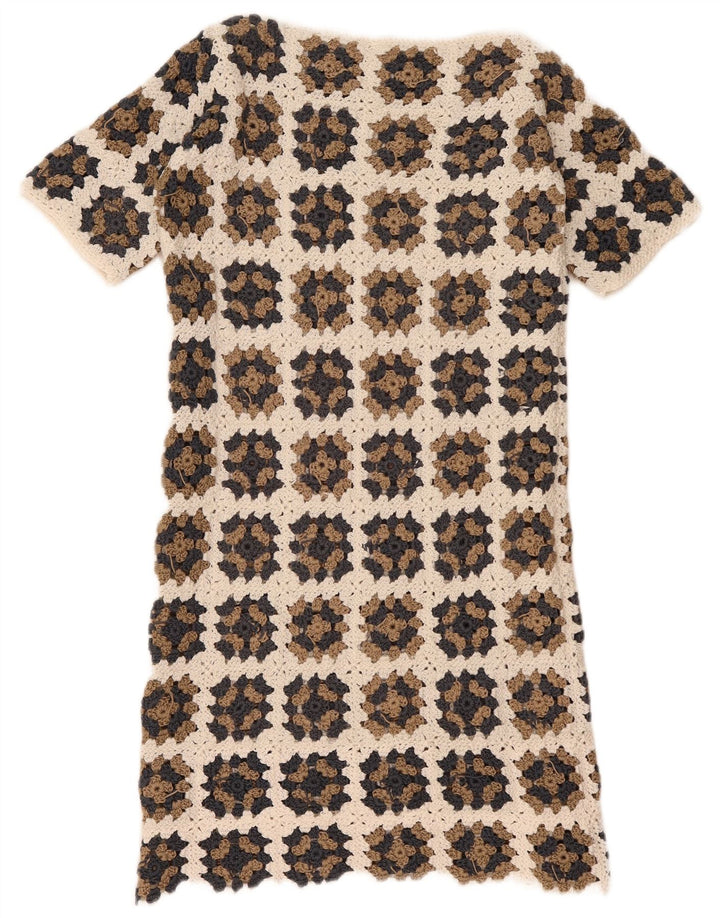 Abito a trapezio vintage da donna all'uncinetto UK 12 Beige medio floreale