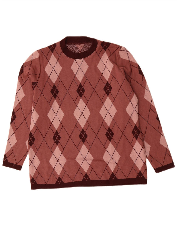 Maglione maglione girocollo da donna VINTAGE UK 16 grande rosa a rombi/diamante