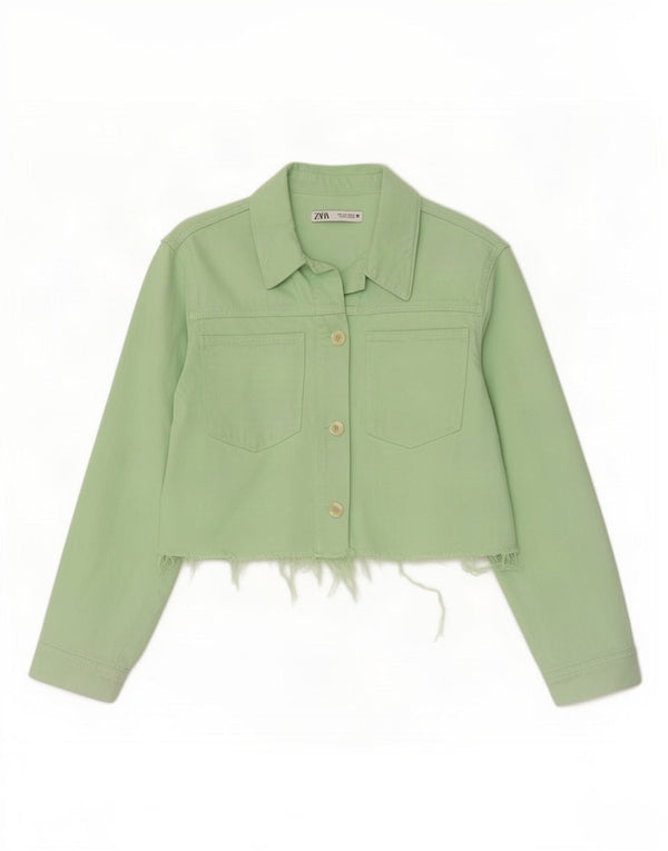 Zara Womens Crop Denim Jacket UK 16 Large Green Cotton