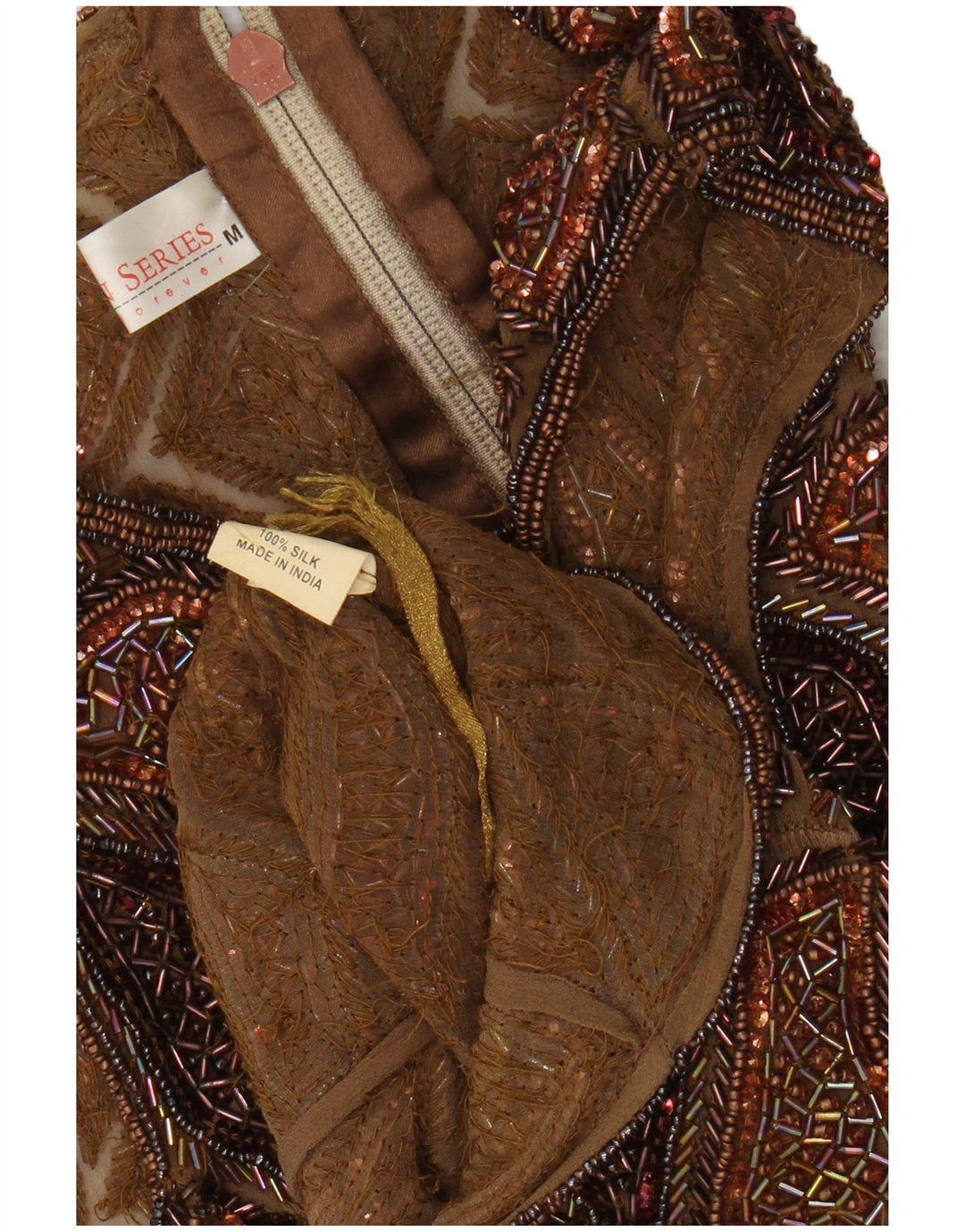 Camicetta senza maniche corta da donna vintage UK 12 Seta patchwork marrone medio