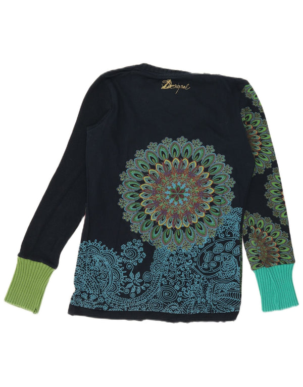 Desigual Donna Graphic Top Manica Lunga UK 10 Piccolo Blu Navy Floreale Cotone