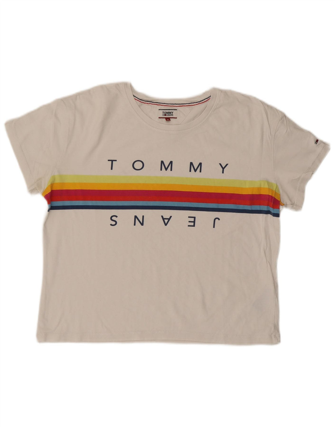 TOMMY HILFIGER T-shirt grafica da donna Top UK 14 Cotone bianco medio