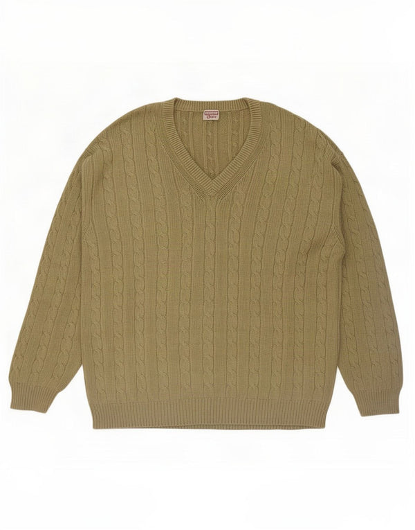 Stefanel Mens V-Neck Jumper Sweater XL Khaki Cotton