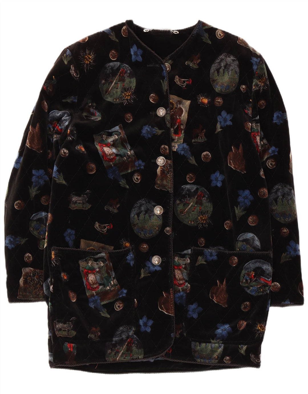 Soprabito vintage in velluto grafico da donna UK 12 medio nero floreale