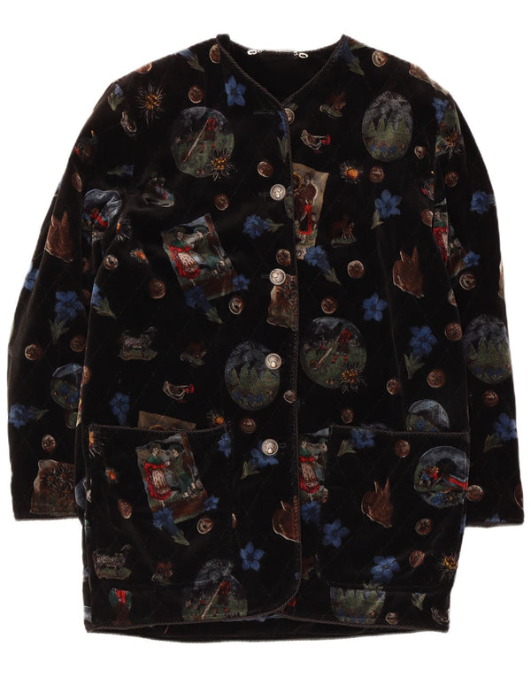 Soprabito vintage in velluto grafico da donna UK 12 medio nero floreale