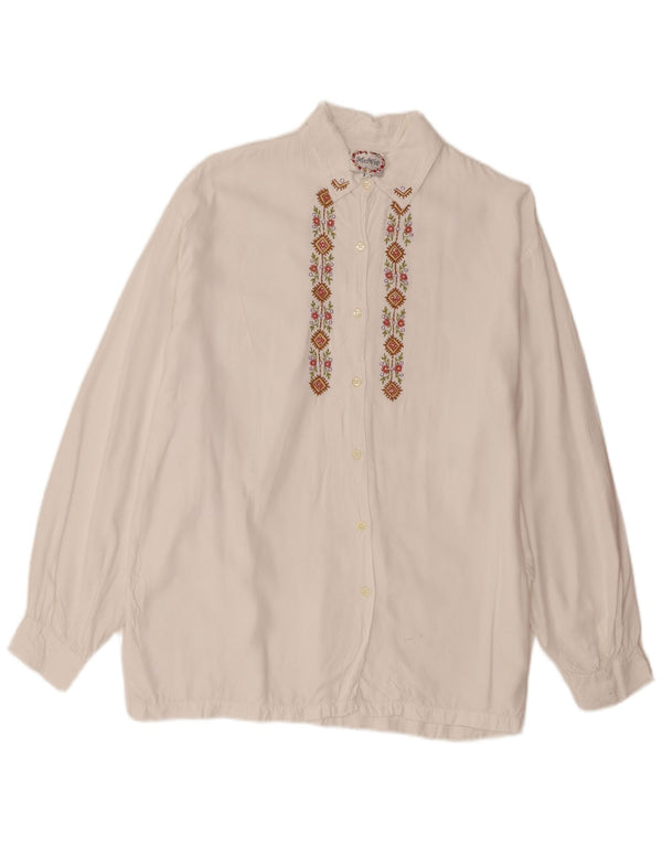 Camicia vintage da donna UK 16 grande viscosa floreale bianca