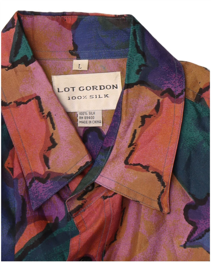 Camicia a maniche corte vintage da uomo con motivo astratto, grande, in seta multicolore