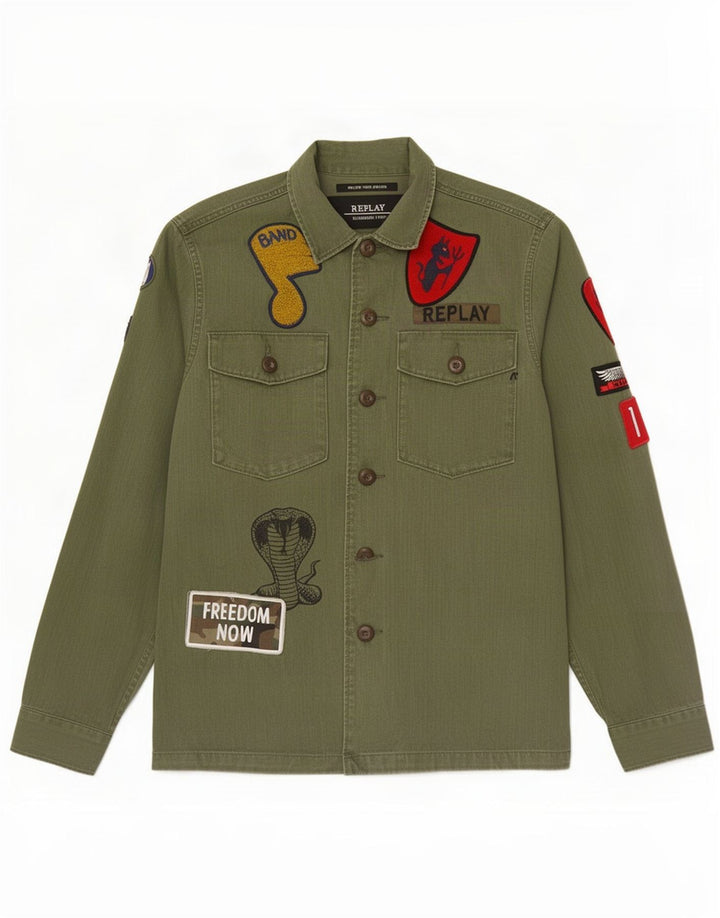 Replay Camicia grafica da uomo grande in cotone kaki