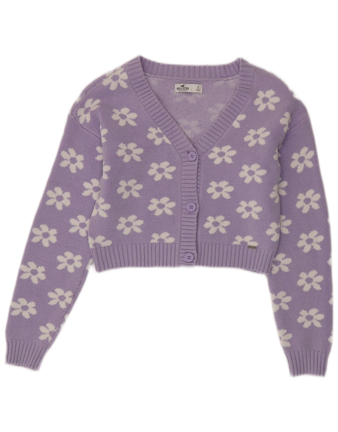 Maglione cardigan corto da donna HOLLISTER UK 10 piccolo cotone floreale viola