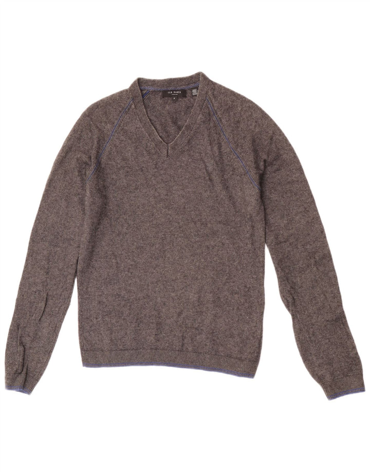 Ted Baker Maglione da uomo con scollo a V taglia 2 piccolo in lana grigia