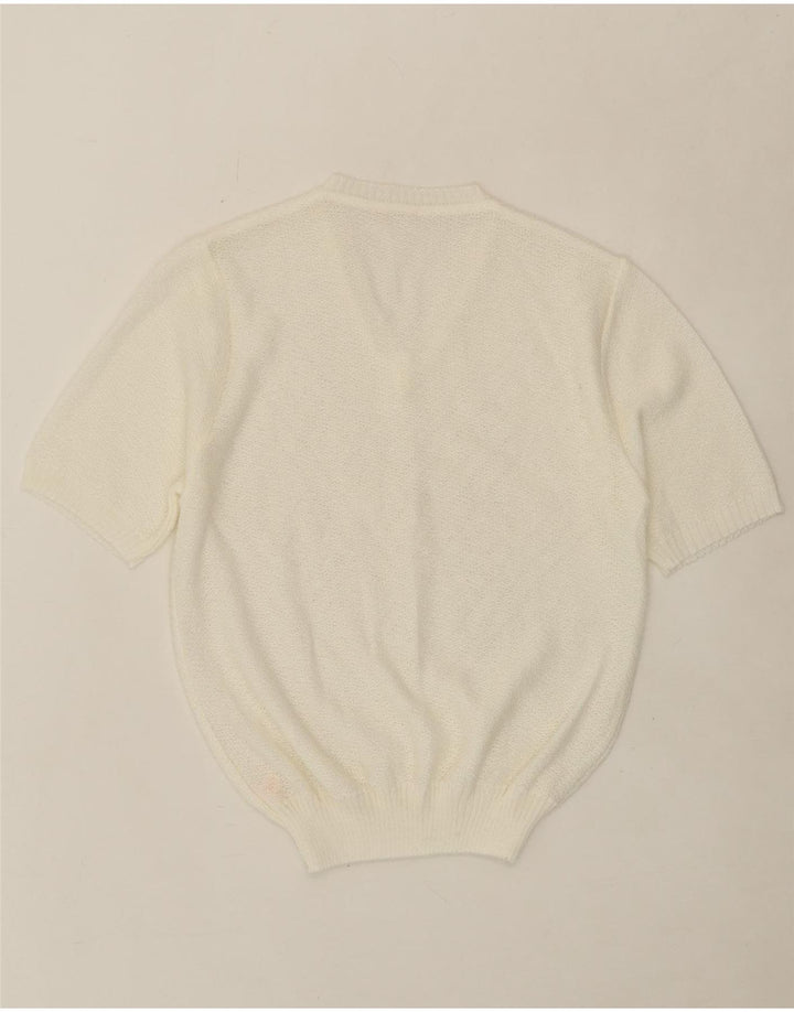 VINTAGE Womens Short Sleeve V-Neck Jumper Sweater UK 14 Medium White Vintage Vintage and Second-Hand Vintage from Messina Hembry 