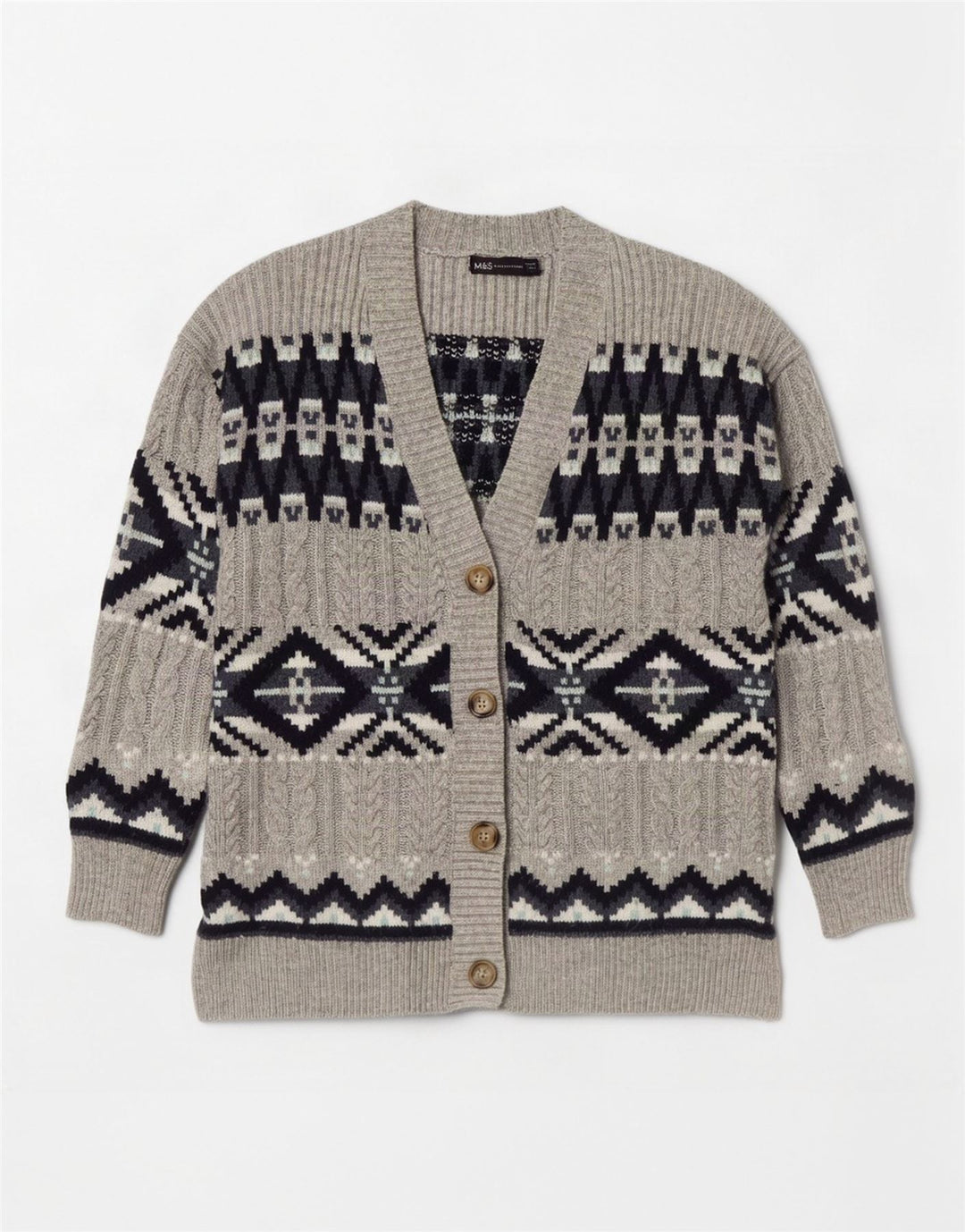 Maglione cardigan da donna Marks & Spencer UK 14 Grigio medio Fair Isle