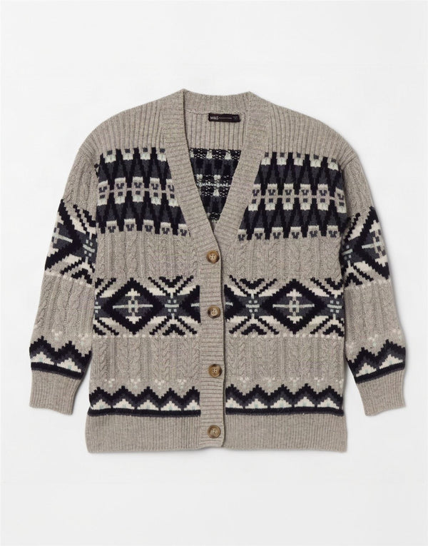 Maglione cardigan da donna Marks & Spencer UK 14 Grigio medio Fair Isle