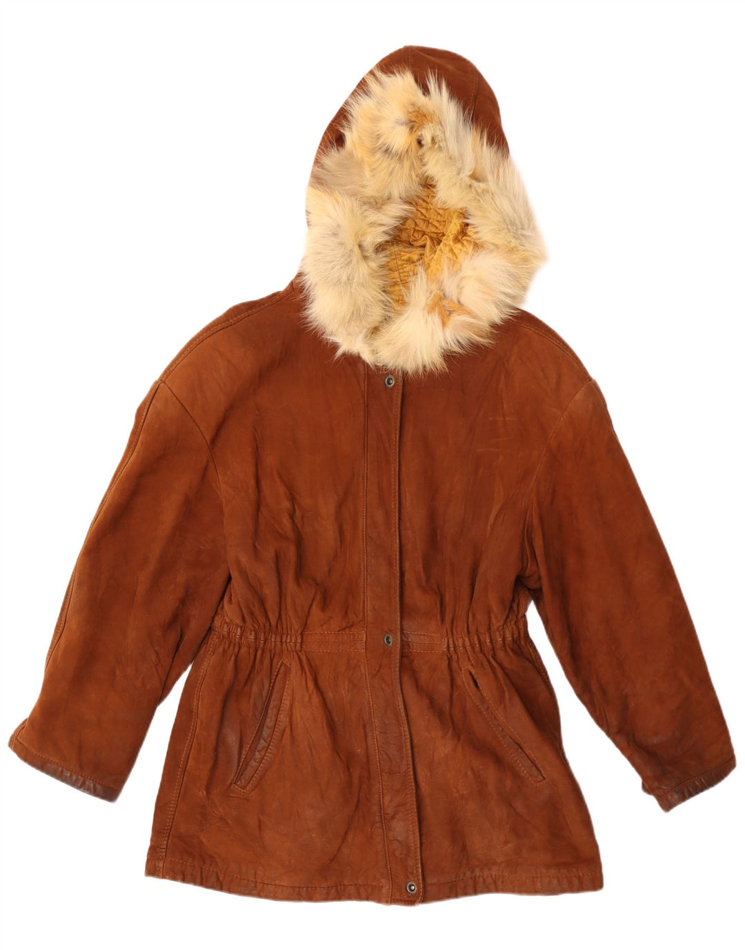 Parka vintage da donna in pelle scamosciata con cappuccio IT 42 Marrone medio