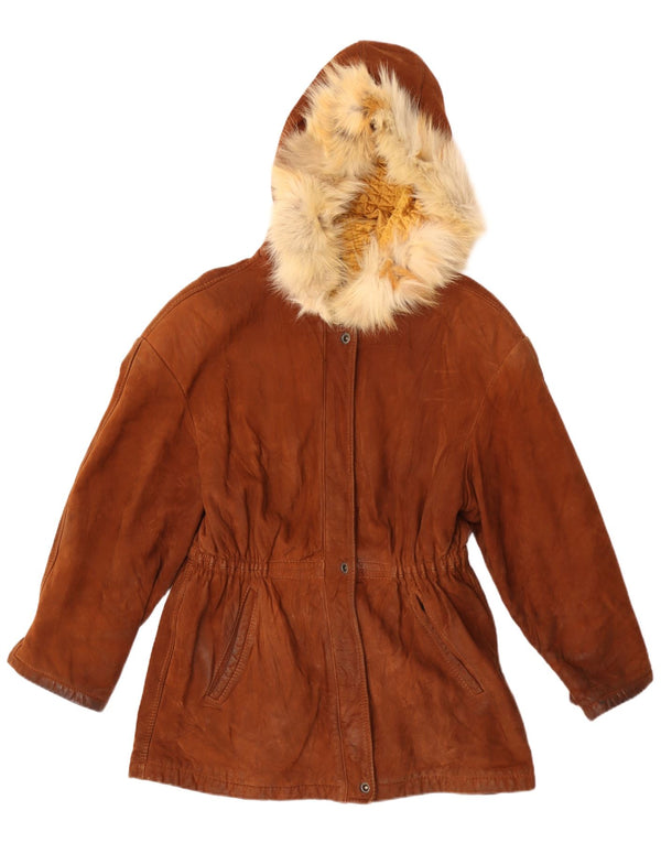 Parka vintage da donna in pelle scamosciata con cappuccio IT 42 Marrone medio