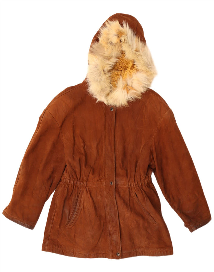 Parka vintage da donna in pelle scamosciata con cappuccio IT 42 Marrone medio