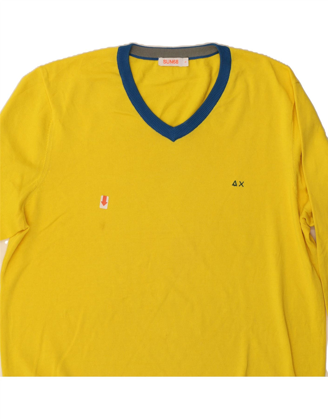 SUN68 Mens V-Neck Jumper Sweater Large Yellow Colourblock Cotton Vintage Sun68 and Second-Hand Sun68 from Messina Hembry 