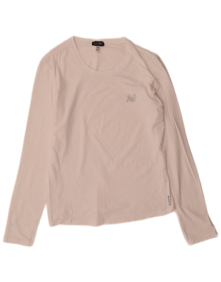Armani Jeans Donna Top Manica Lunga UK 12 Medio Bianco