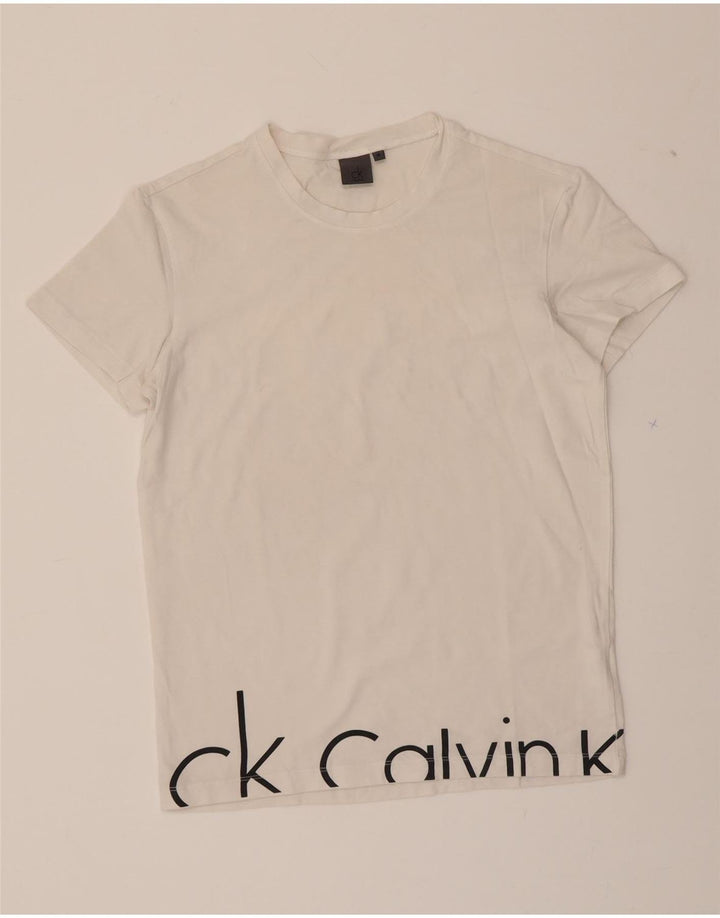 CALVIN KLEIN Womens Graphic T-Shirt Top UK 12 Medium White Cotton Vintage Calvin Klein and Second-Hand Calvin Klein from Messina Hembry 