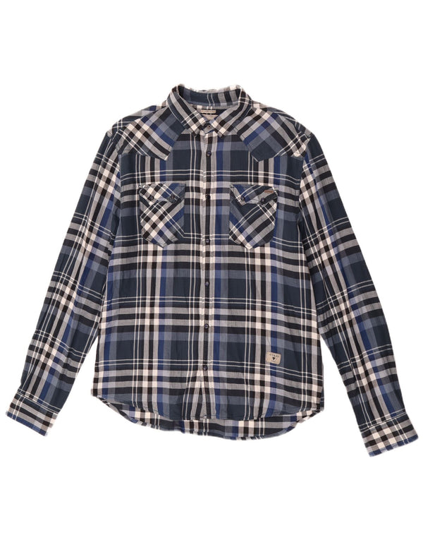 Guess Camicia da uomo slim fit in flanella UK 40 Cotone scozzese medio blu navy