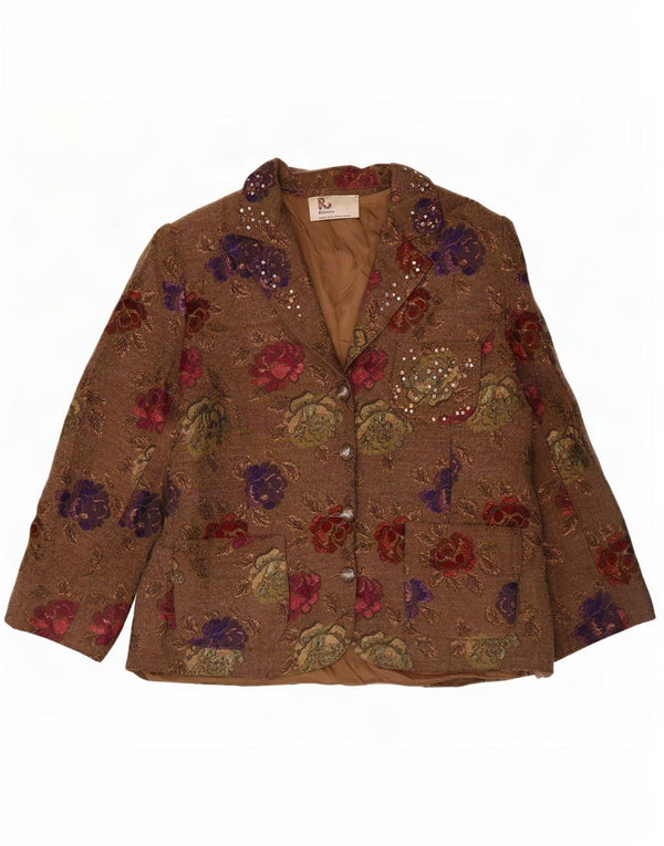 Giacca blazer da donna a 4 bottoni Romano UK 16 grande acetato floreale marrone