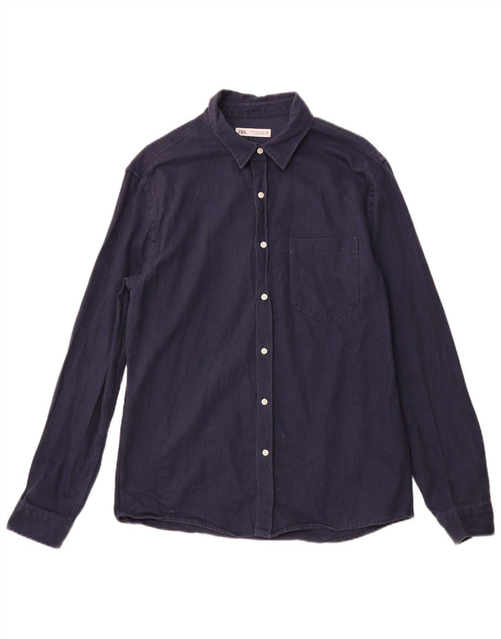 Camicia ZARA da uomo in flanella di cotone medio blu navy