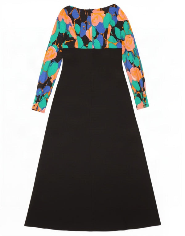 Abito lungo da donna vintage a maniche lunghe EU 36 piccolo floreale nero
