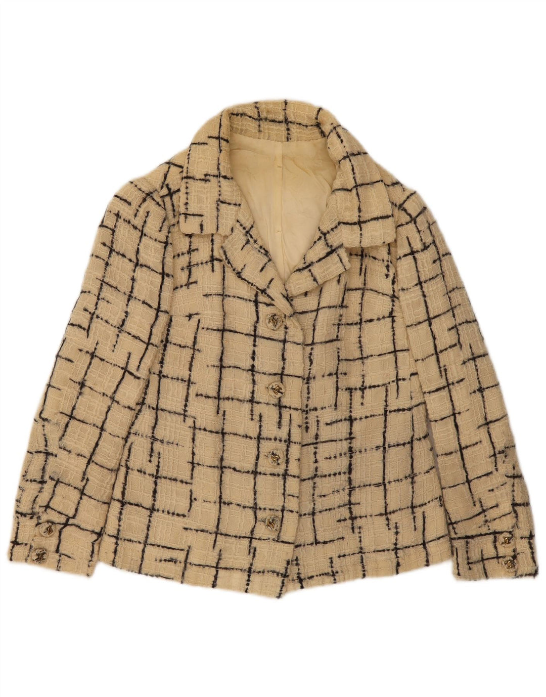 Giacca blazer vintage da donna a 4 bottoni UK 10 piccolo quadretto beige