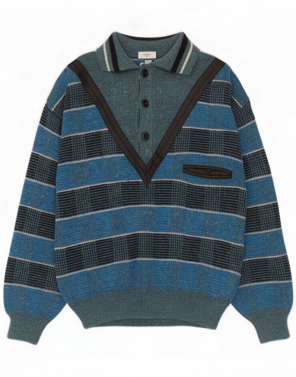 Vintage Mens Polo Neck Jumper Sweater Medium Blue Striped Wool