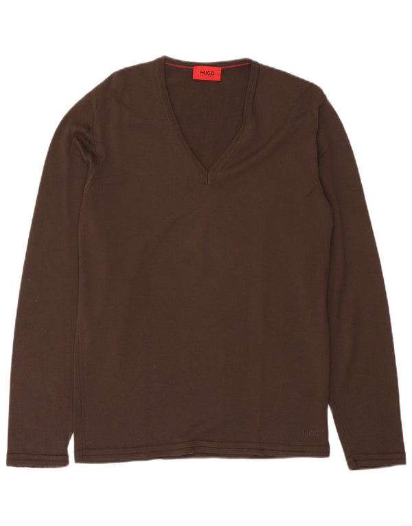 Maglione maglione da donna con scollo a V Hugo Boss UK 14 grande lana vergine marrone