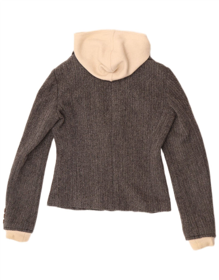ricca giacca blazer con cappuccio a 1 bottone da donna UK 10 piccola spina di pesce grigia
