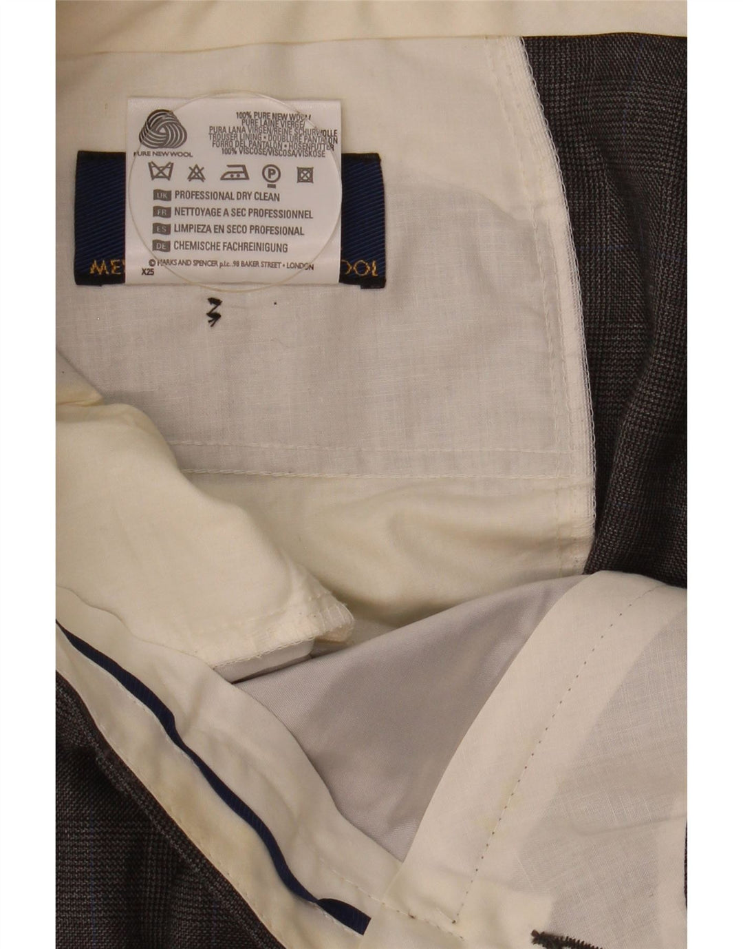 Pantaloni da abito con pegging da uomo Marks & Spencer W38 L33 lana vergine a quadri grigi