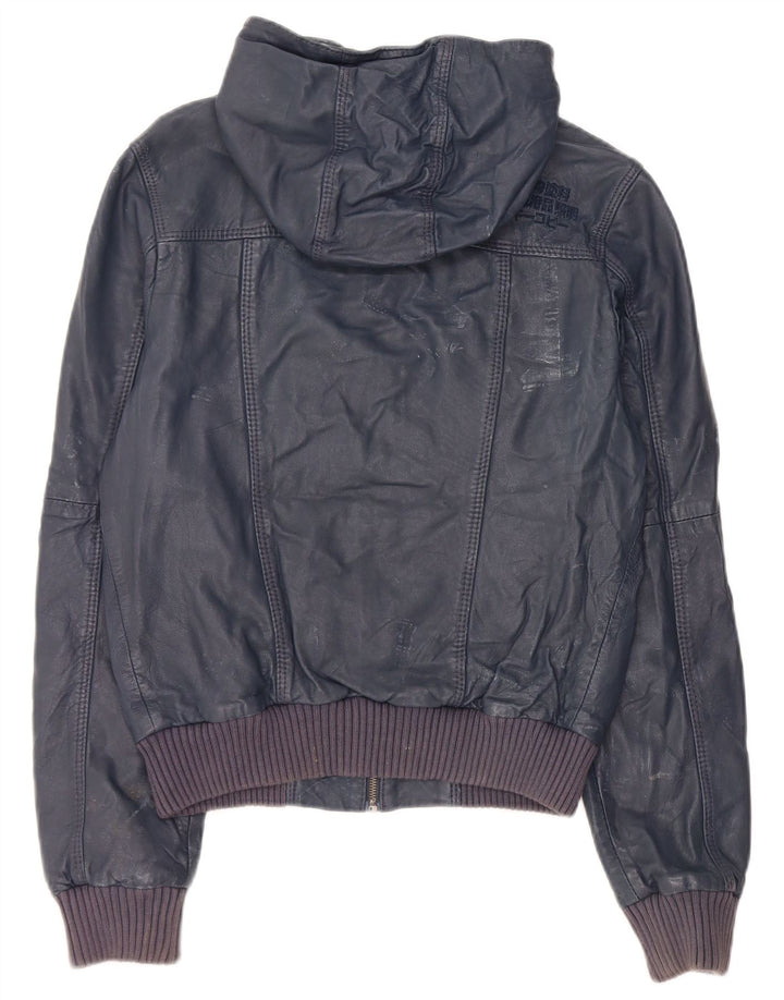 Giacca in pelle con cappuccio da donna Superdry UK 14 pelle blu navy media