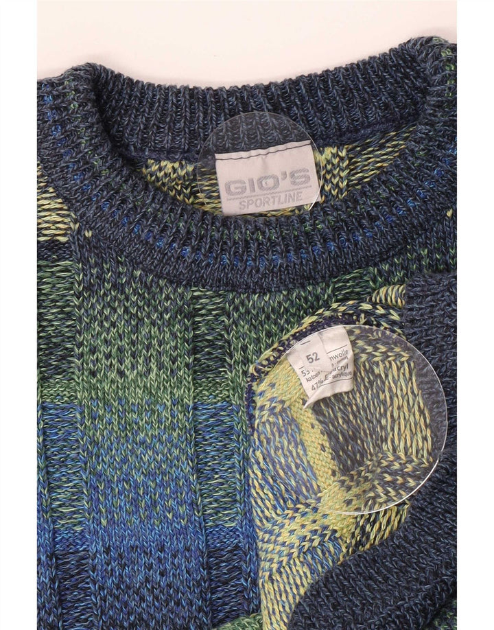 Maglione vintage da uomo girocollo IT 52 grande motivo geometrico multicolore
