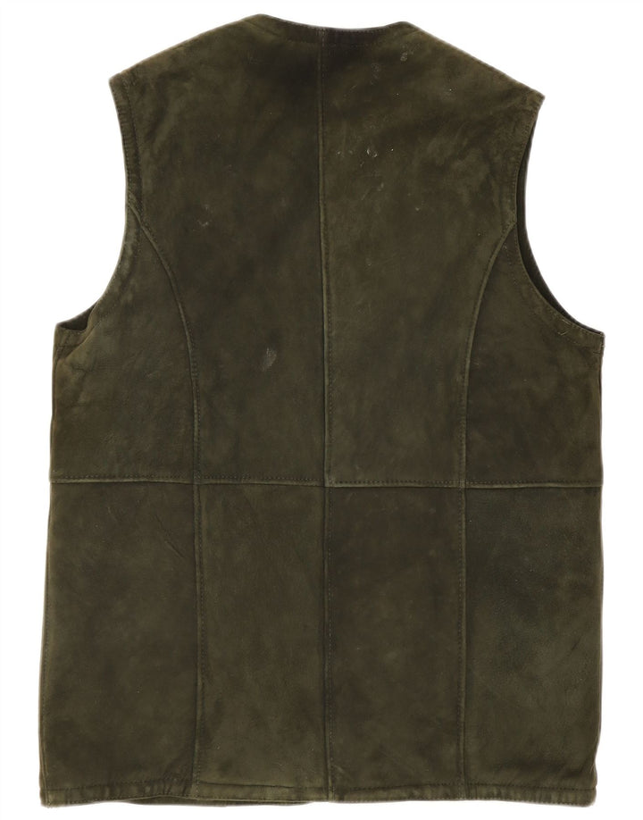 Gilet vintage da donna in pelle scamosciata UK 14 grande color kaki