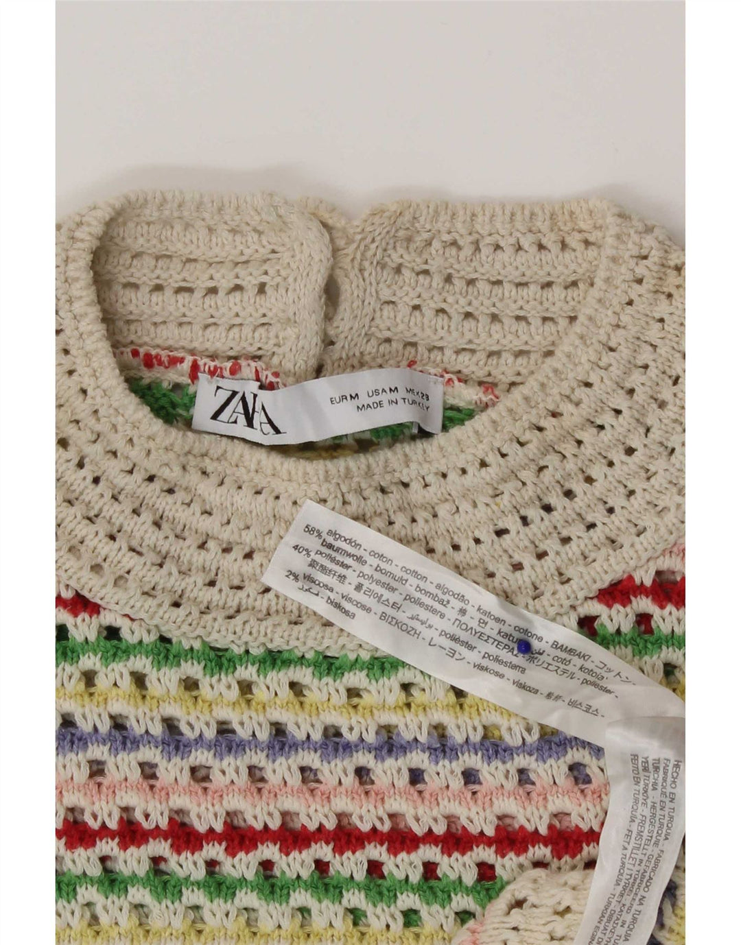 Top corto da donna Zara all'uncinetto UK 12 Cotone a righe multicolore medio