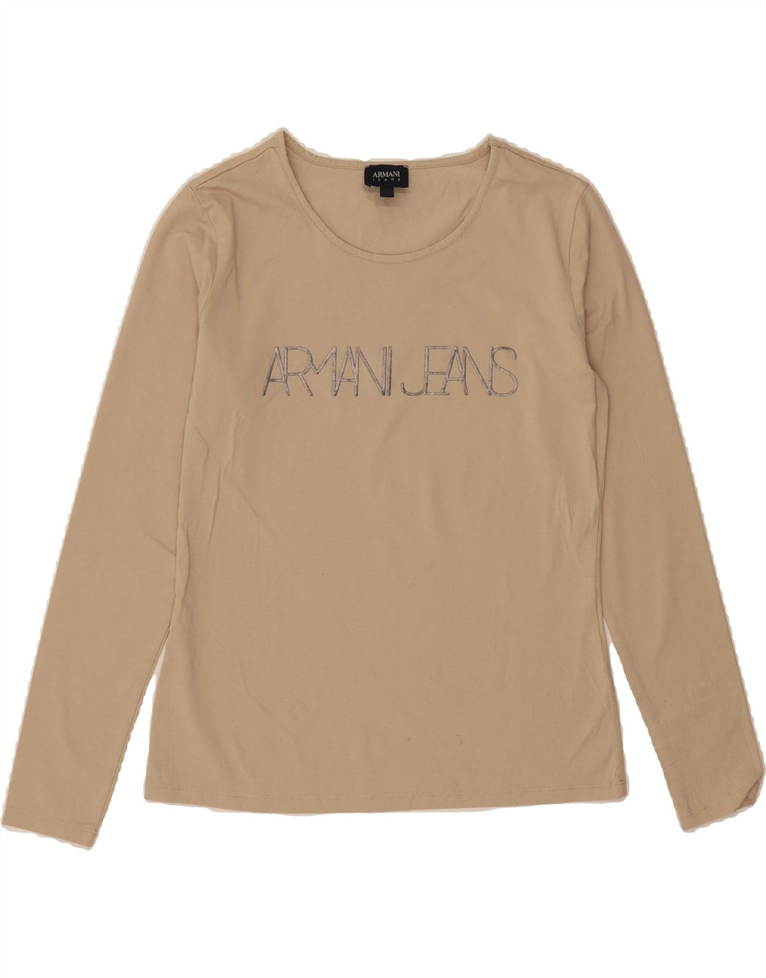 ARMANI JEANS Womens Graphic Top Long Sleeve IT 40 Small Beige Vintage Armani Jeans and Second-Hand Armani Jeans from Messina Hembry 