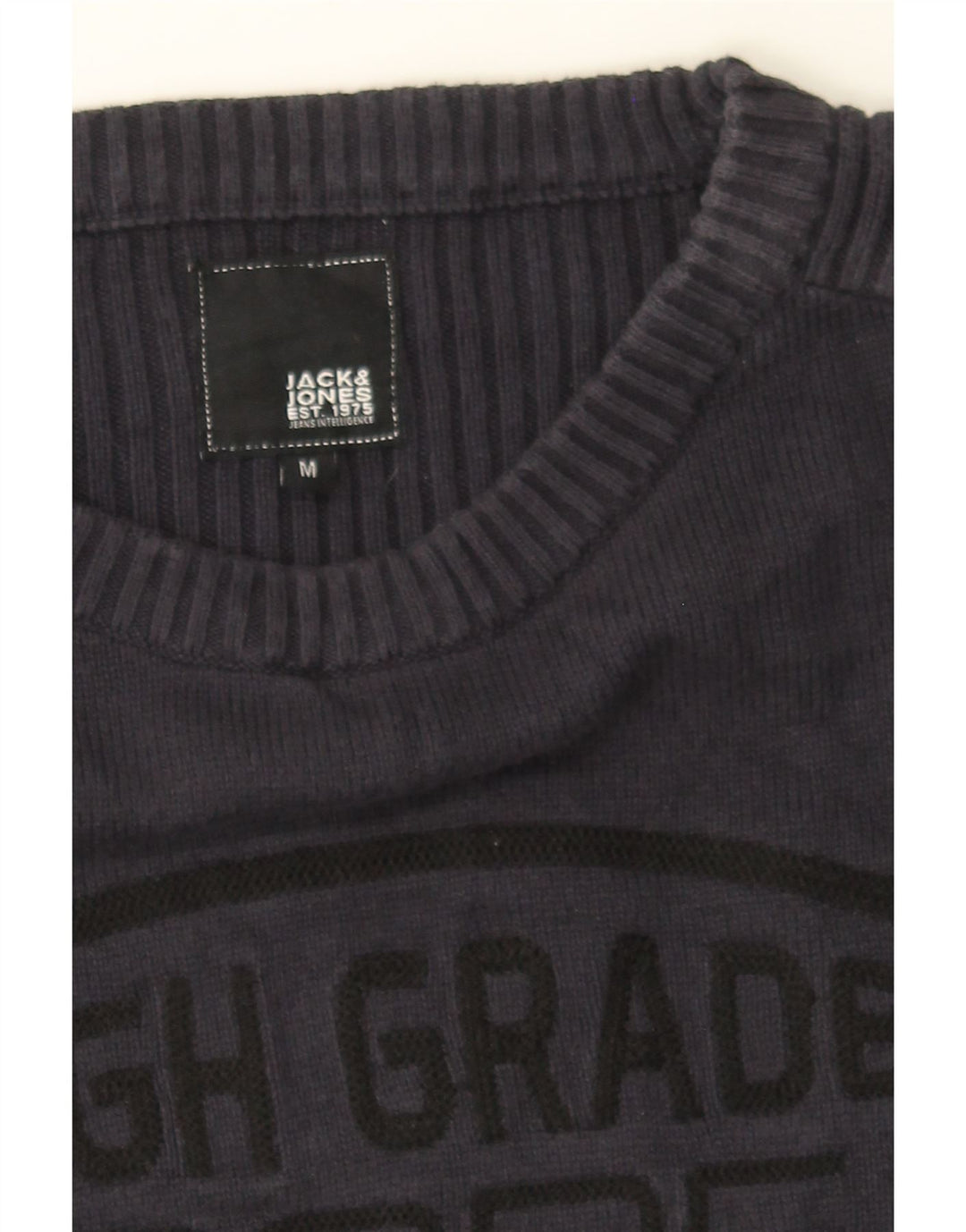 JACK & JONES Mens Graphic Boat Neck Jumper Sweater Medium Navy Blue Cotton Vintage Jack & Jones and Second-Hand Jack & Jones from Messina Hembry 