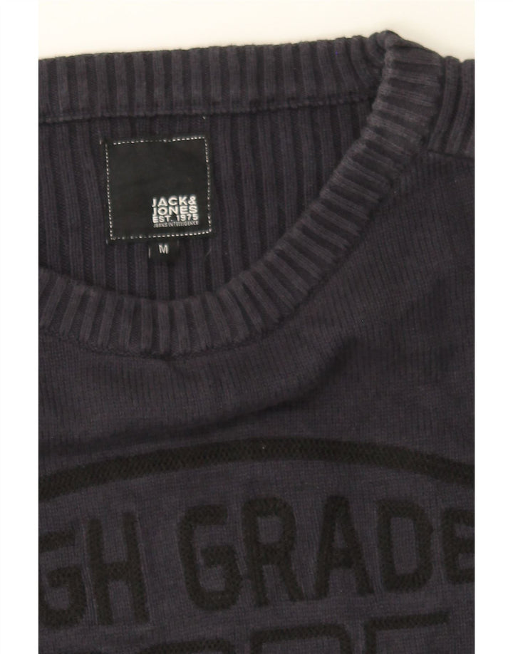 JACK & JONES Mens Graphic Boat Neck Jumper Sweater Medium Navy Blue Cotton Vintage Jack & Jones and Second-Hand Jack & Jones from Messina Hembry 