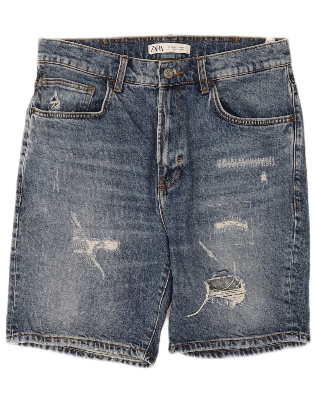 Pantaloncini in denim invecchiato da uomo Zara EU 40 medio W31 cotone blu