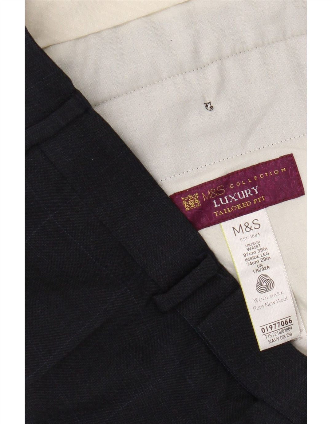 Pantaloni da abito dritti da uomo Marks & Spencer W38 L29 lana a quadri blu navy