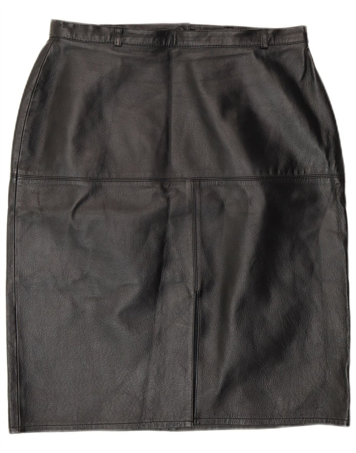 Gonna a tubino in pelle vintage da donna UK 12 media W28 in pelle nera